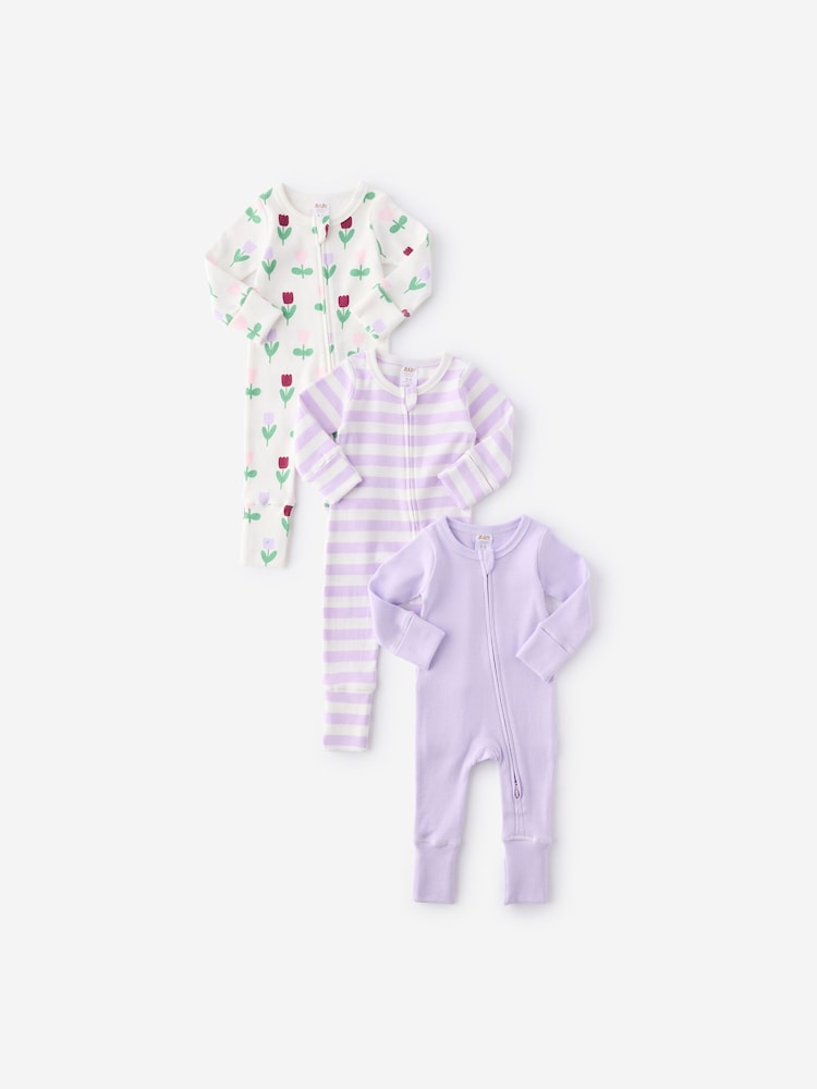 Cotton On Purple Long Sleeve Rib Sleepsuits 3 Pack - Image 1 of 3