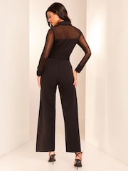 Lipsy Black Petite Mesh Long Sleeve Zip Front Jumpsuit - Image 2 of 4