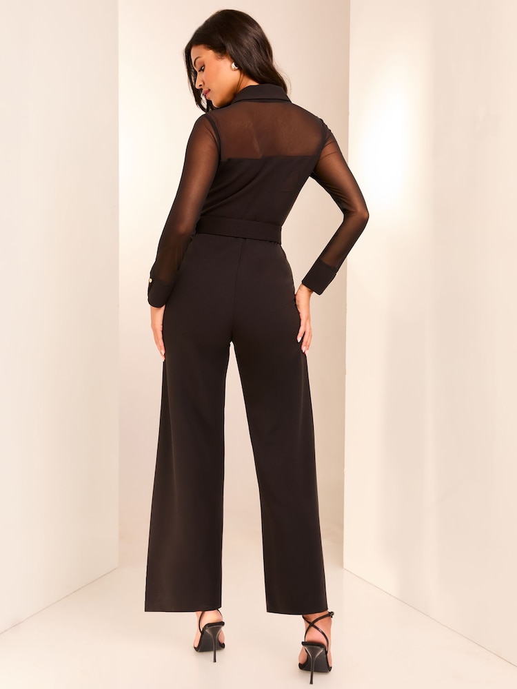Lipsy Black Mesh Long Sleeve Zip Front Jumpsuit - Image 2 of 4