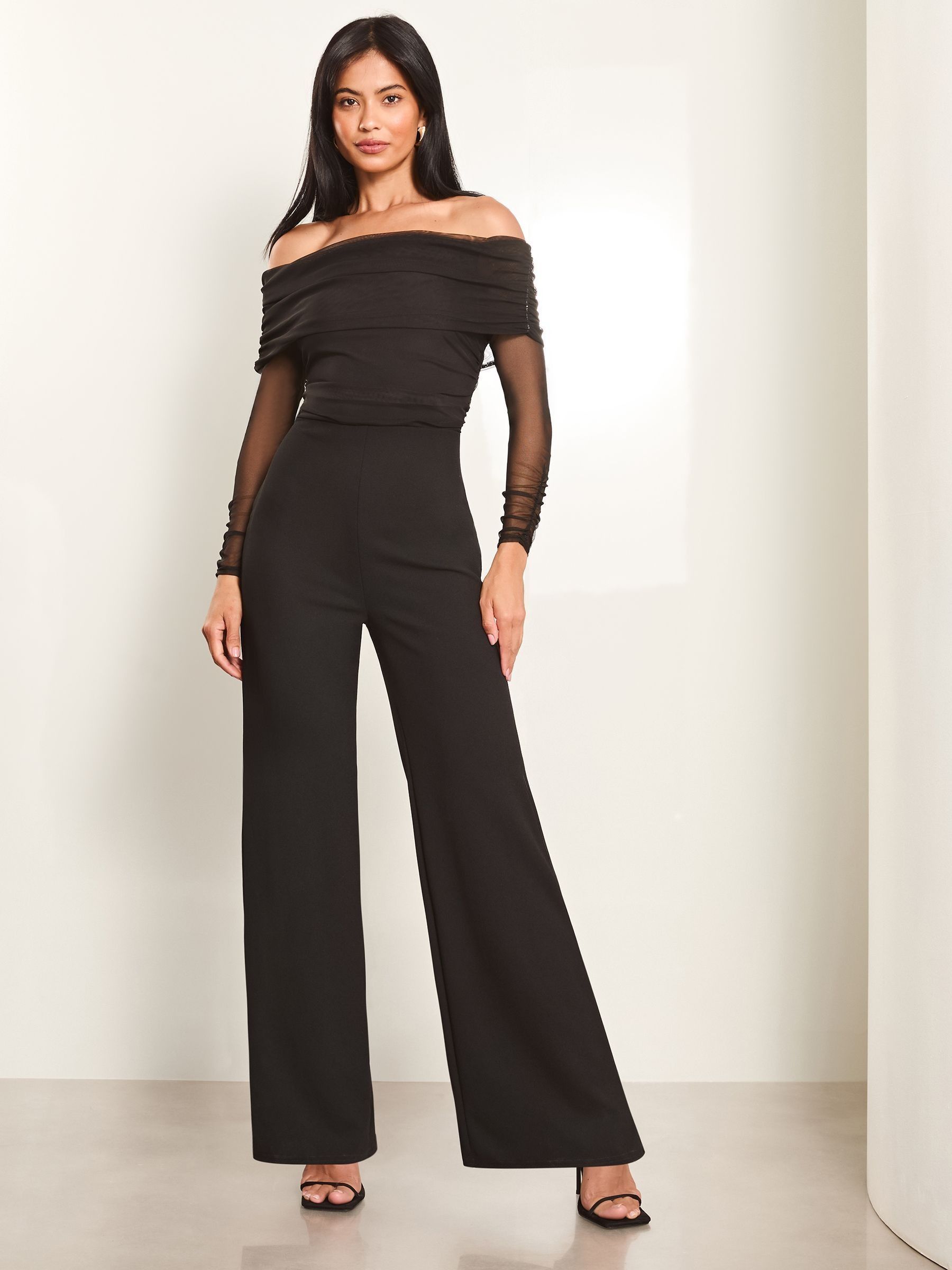 Buy Lipsy Black Mesh Bardot Long Sleeve Wide Leg Jumpsuit from Next USA