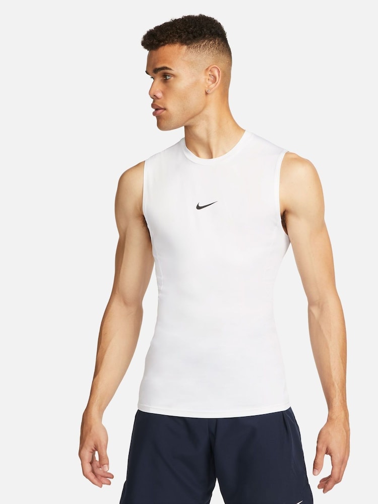 Nike White Pro Dri-FIT Tight Sleeveless Training Top - Image 1 of 5 Nike White Pro Dri-FIT Tight Sleeveless Training Top - Image 1 of 5
