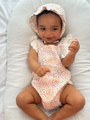 Purebaby Cream Crinkle Floral Bonnet - Image 1 of 3