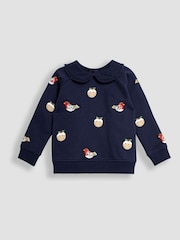 JoJo Maman Bébé Navy Christmas Pudding And Robin Applique Sweatshirt - Image 1 of 3