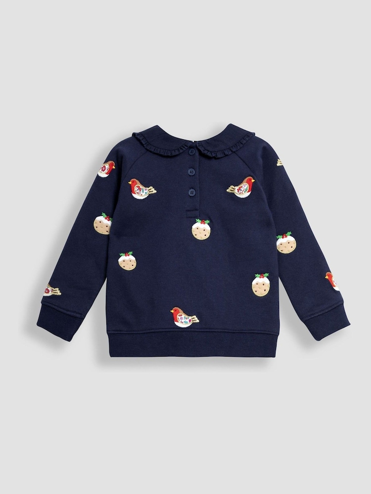 JoJo Maman Bébé Navy Christmas Pudding And Robin Applique Sweatshirt - Image 2 of 3