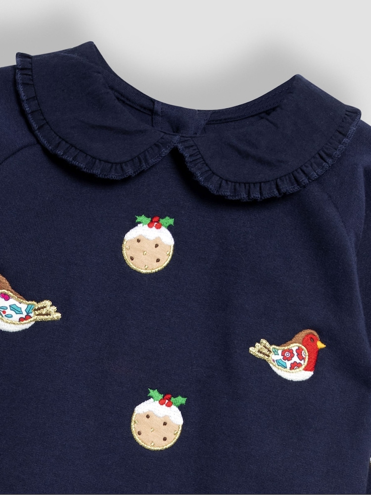 JoJo Maman Bébé Navy Christmas Pudding And Robin Applique Sweatshirt - Image 3 of 3
