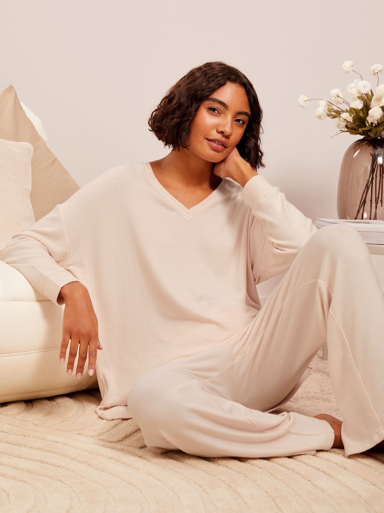 Friends Like These Cream Loungewear V Neck Cosy Long Sleeve Jumper - Image 1 of 4