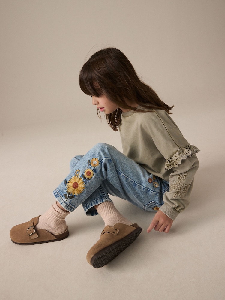 Denim Light Blue 100% Cotton Flower Embroidered Mom Jeans (3-16yrs) - Image 1 of 9