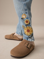 Denim Light Blue 100% Cotton Flower Embroidered Mom Jeans (3-16yrs) - Image 2 of 9