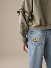 Denim Light Blue 100% Cotton Flower Embroidered Mom Jeans (3-16yrs) - Image 3 of 9