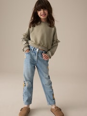 Denim Light Blue 100% Cotton Flower Embroidered Mom Jeans (3-16yrs) - Image 5 of 9