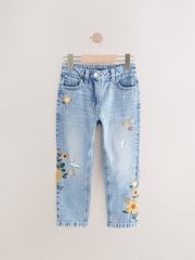 Denim Light Blue 100% Cotton Flower Embroidered Mom Jeans (3-16yrs) - Image 6 of 9