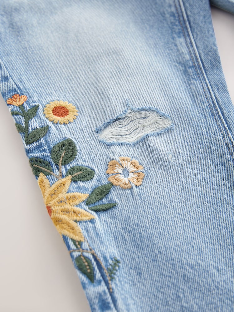 Denim Light Blue 100% Cotton Flower Embroidered Mom Jeans (3-16yrs) - Image 9 of 9