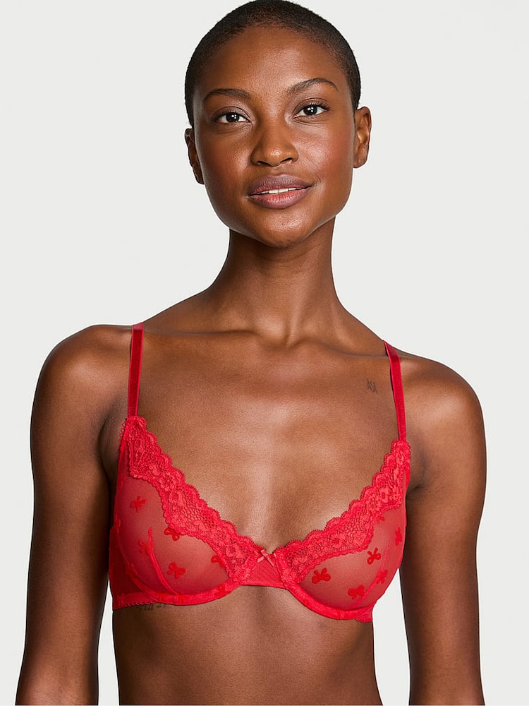 Victoria's Secret Vermillion Red Bows Flocked Unlined Demi Bra - Image 1 of 1