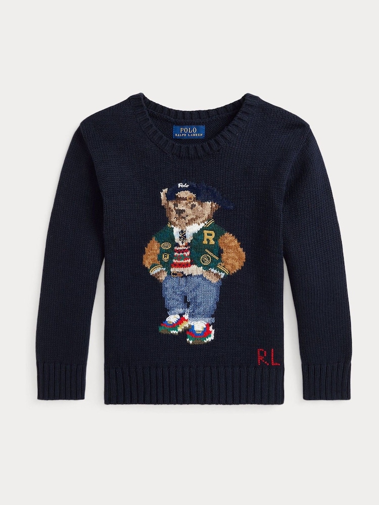 Polo Ralph Lauren Boy 100% Cotton Navy Polo Bear Graphic Jumper - Image 4 of 4