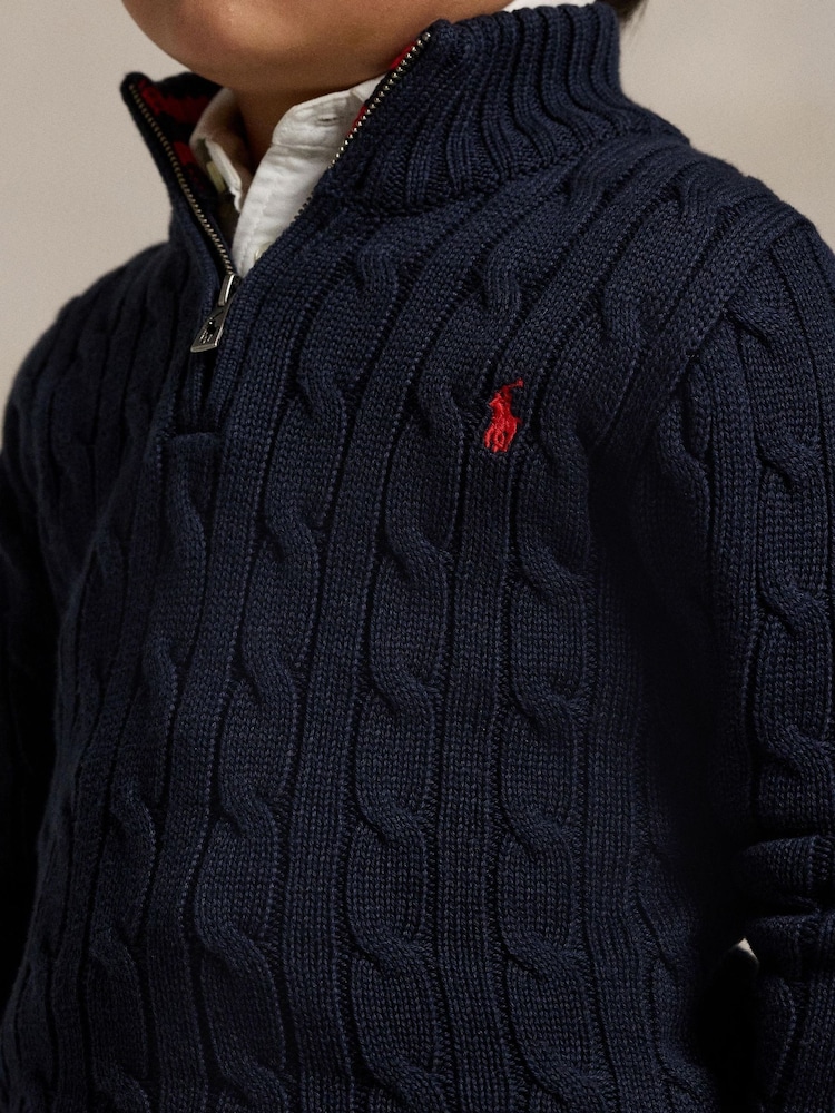 Polo Ralph Lauren Navy Cable Knit Quarter Zip Jumper - Image 3 of 5