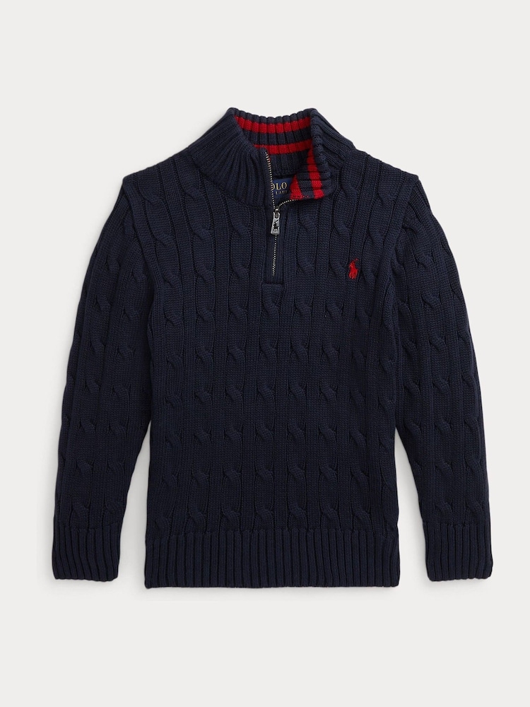 Polo Ralph Lauren Navy Cable Knit Quarter Zip Jumper - Image 4 of 5