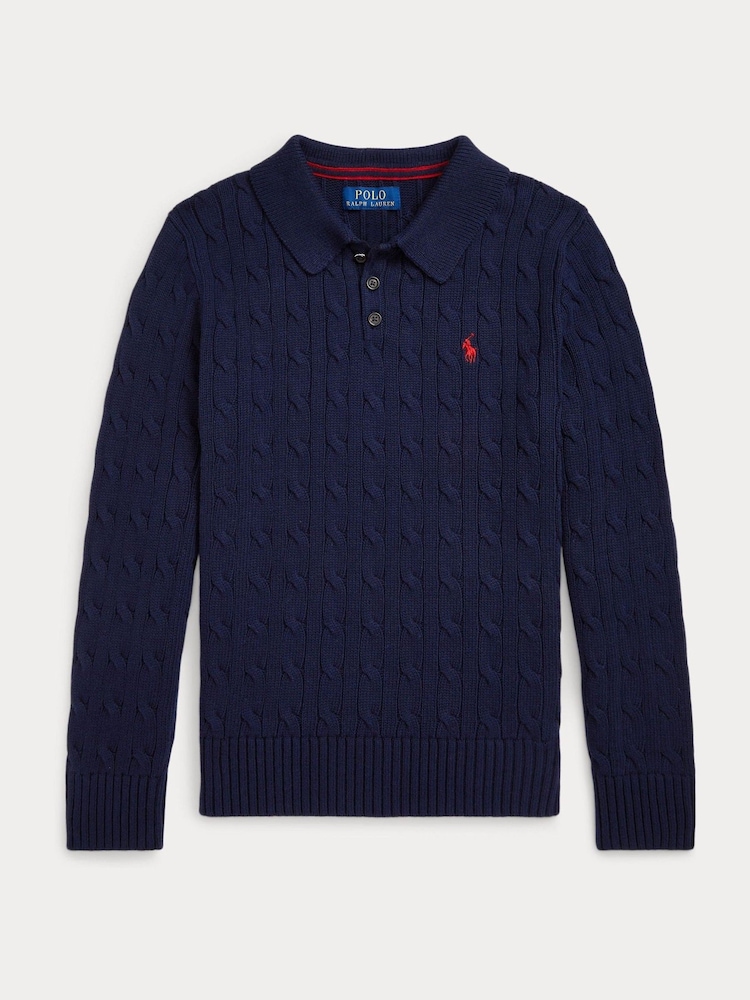 Polo Ralph Lauren Boys Navy Cable Knit 100% Cotton Polo Collar Jumper - Image 1 of 2
