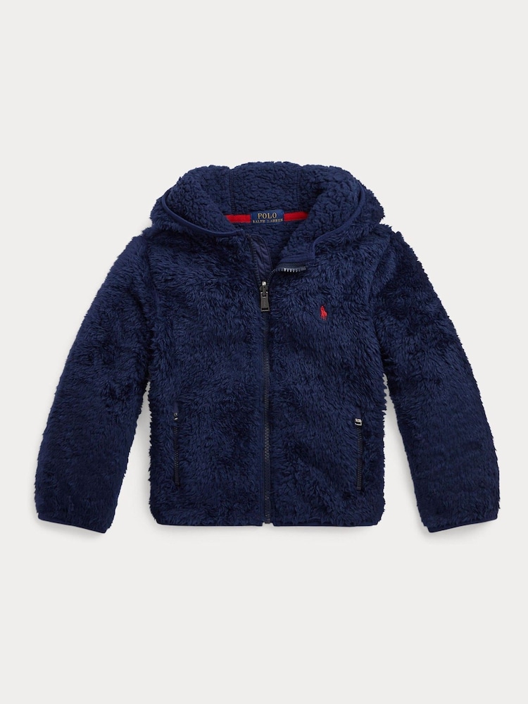 Granatowy - Chłopięca kurtka polarowa Polo Ralph Lauren z kapturem, sztucznym kożuszkiem i zapięciem na zamek - Obraz 1 z 1