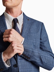 Синяя приталенная льняная куртка в клетку Ted Baker Tailoring Octant - Изображение 4 из 5
