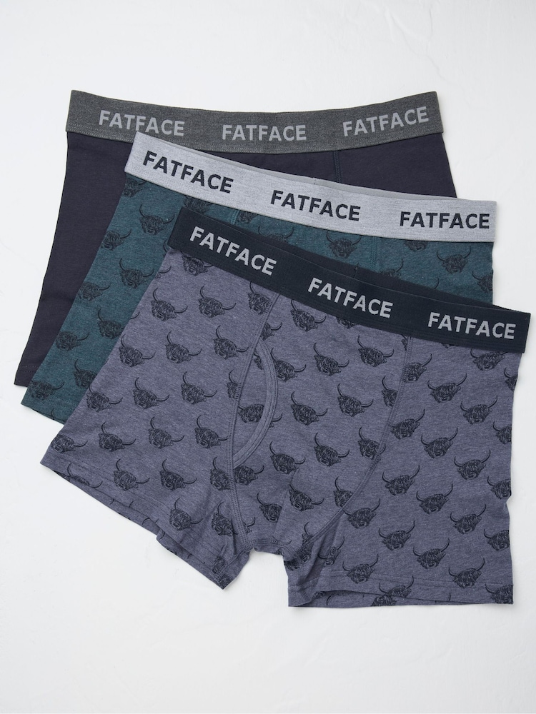 FatFace Blue Highland Cow Cotton Boxers 3 Pack - Image 1 of 2 FatFace Blue Highland Cow Cotton Boxers 3 Pack - Image 1 of 2