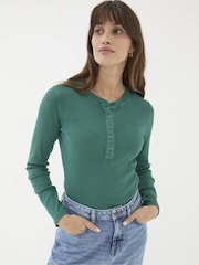 FatFace Hettie Green Rib Henley Top - Image 1 of 6