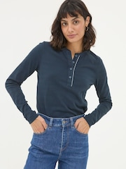 FatFace Hettie Blue Rib Henley Top - Image 1 of 5