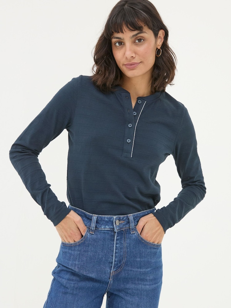 FatFace Hettie Blue Rib Henley Top - Image 1 of 5