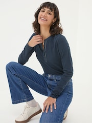 FatFace Hettie Blue Rib Henley Top - Image 2 of 5