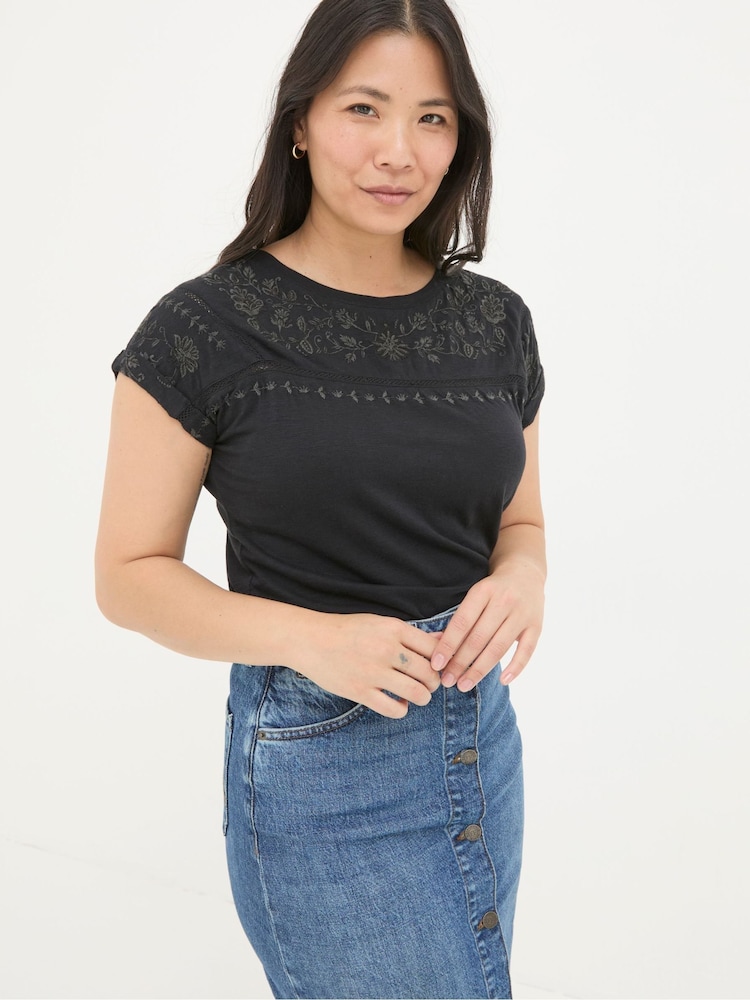 FatFace Ivy Black Embroidered T-Shirt - Image 1 of 6 FatFace Ivy Black Embroidered T-Shirt - Image 1 of 6