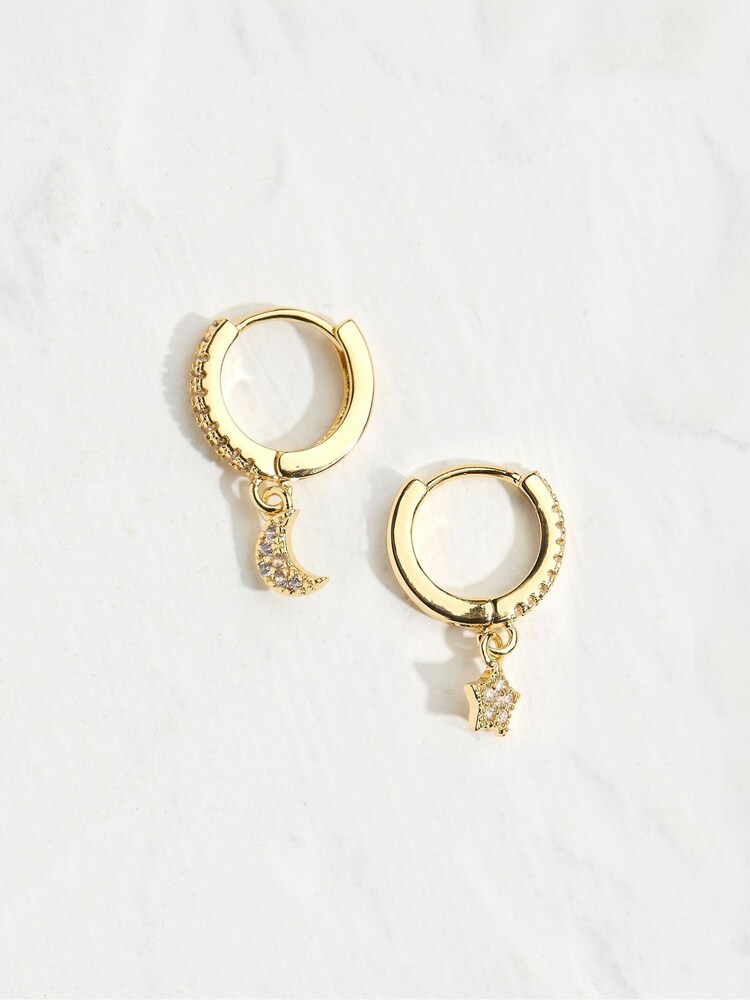 FatFace Gold Tone Star Moon Huggies Earrings - Image 1 of 2