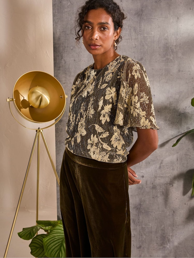 FatFace Alba Gold Foil Plisse Top - Image 2 of 6
