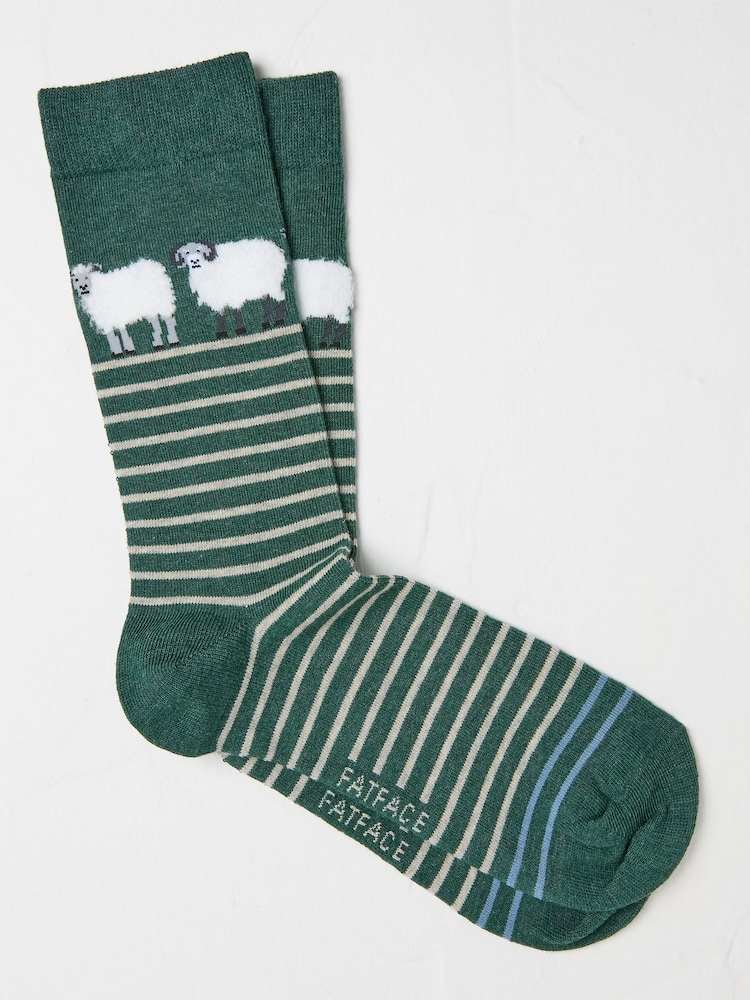 FatFace Green Sheep Men's Socks 1 Pack - Image 1 of 2 FatFace Green Sheep Men's Socks 1 Pack - Image 1 of 2