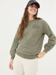 FatFace Alex Green Khaki Graphic Pocket Sweat Top - Image 1 of 6