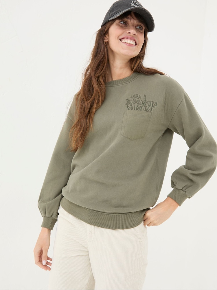 FatFace Alex Green Khaki Graphic Pocket Sweat Top - Image 1 of 6