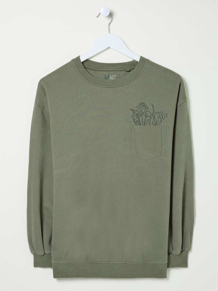 FatFace Alex Green Khaki Graphic Pocket Sweat Top - Image 6 of 6