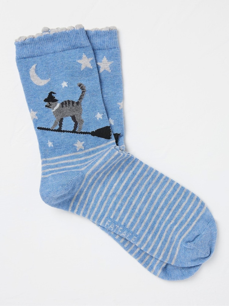 FatFace Blue Halloween Cat Womens Socks 1 Pack (size 4-7) - Image 1 of 2 FatFace Blue Halloween Cat Womens Socks 1 Pack (size 4-7) - Image 1 of 2