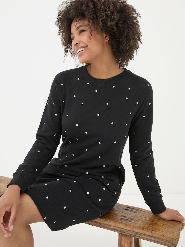 FatFace Georgia Black Embroidered Sweat Dress - Image 1 of 5