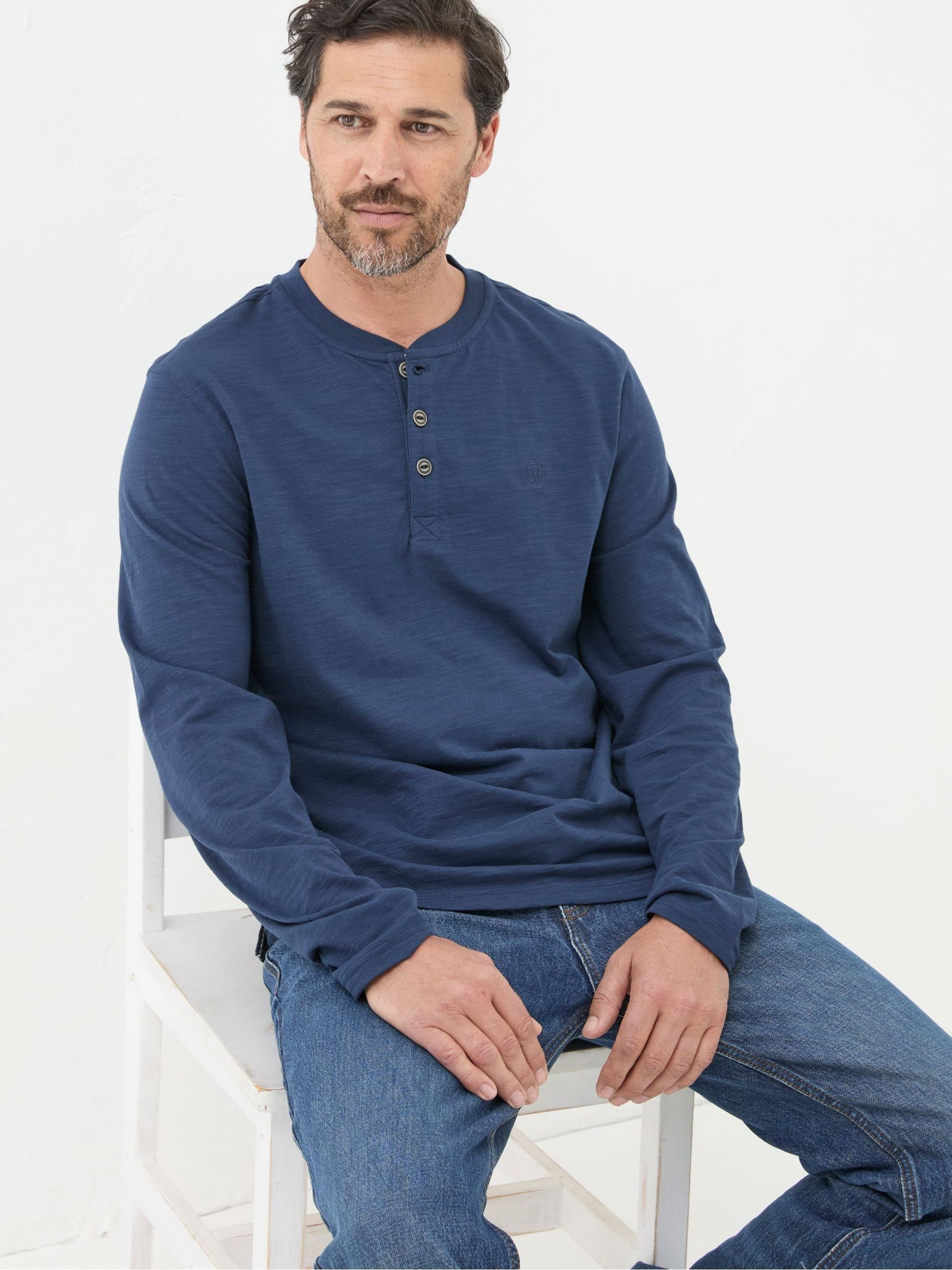 Buy FatFace Woodside Navy Blue Long Sleeve Henley T Shirt from the