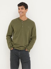 FatFace Woodside Khaki Green Long Sleeve Henley T Shirt - Image 1 of 5