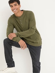 FatFace Woodside Khaki Green Long Sleeve Henley T Shirt - Image 3 of 5