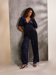 FatFace Greta Blue Velvet Jumpsuit - Image 3 of 6