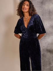 FatFace Greta Blue Velvet Jumpsuit - Image 4 of 6