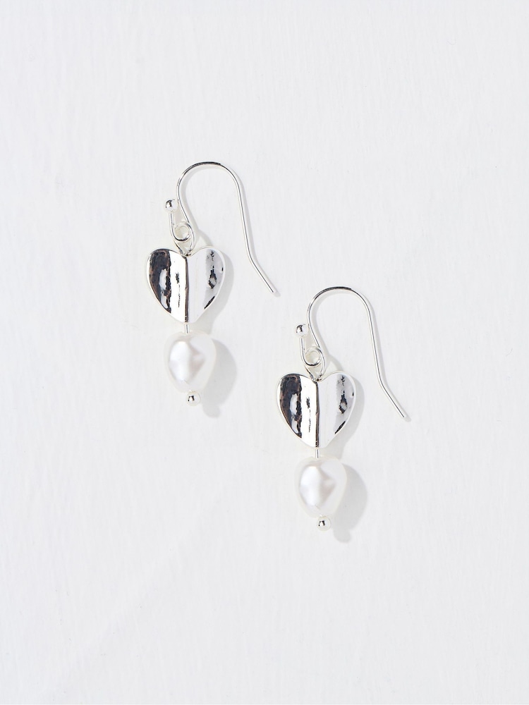 FatFace Silver Tone Heart Pearl Earrings - Image 1 of 2