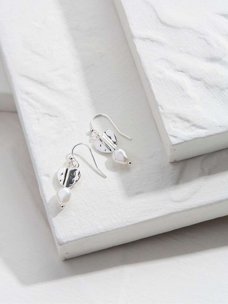 FatFace Silver Tone Heart Pearl Earrings - Image 2 of 2