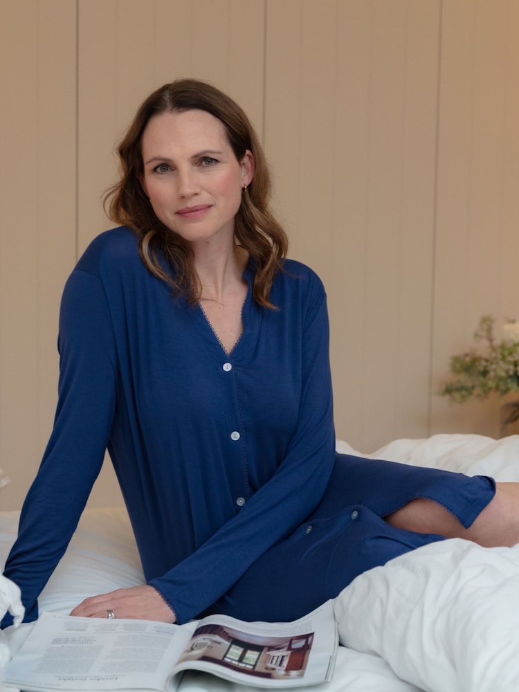 Nora Rose Blue Jersey Lace Trim Nighties - Image 1 of 4 Nora Rose Blue Jersey Lace Trim Nighties - Image 1 of 4