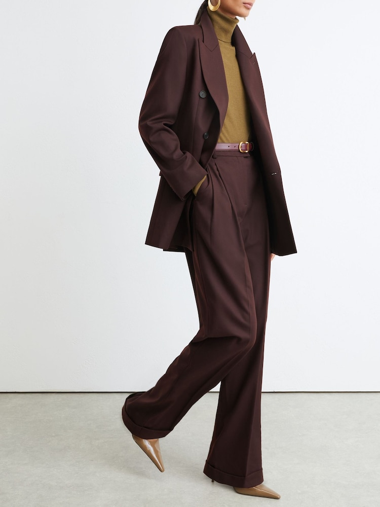 Reiss Dark Aubergine Leisel Tall Wool-Blend Wide-Leg Pleated Suit Trousers - Image 1 of 8 Reiss Dark Aubergine Leisel Tall Wool-Blend Wide-Leg Pleated Suit Trousers - Image 1 of 8