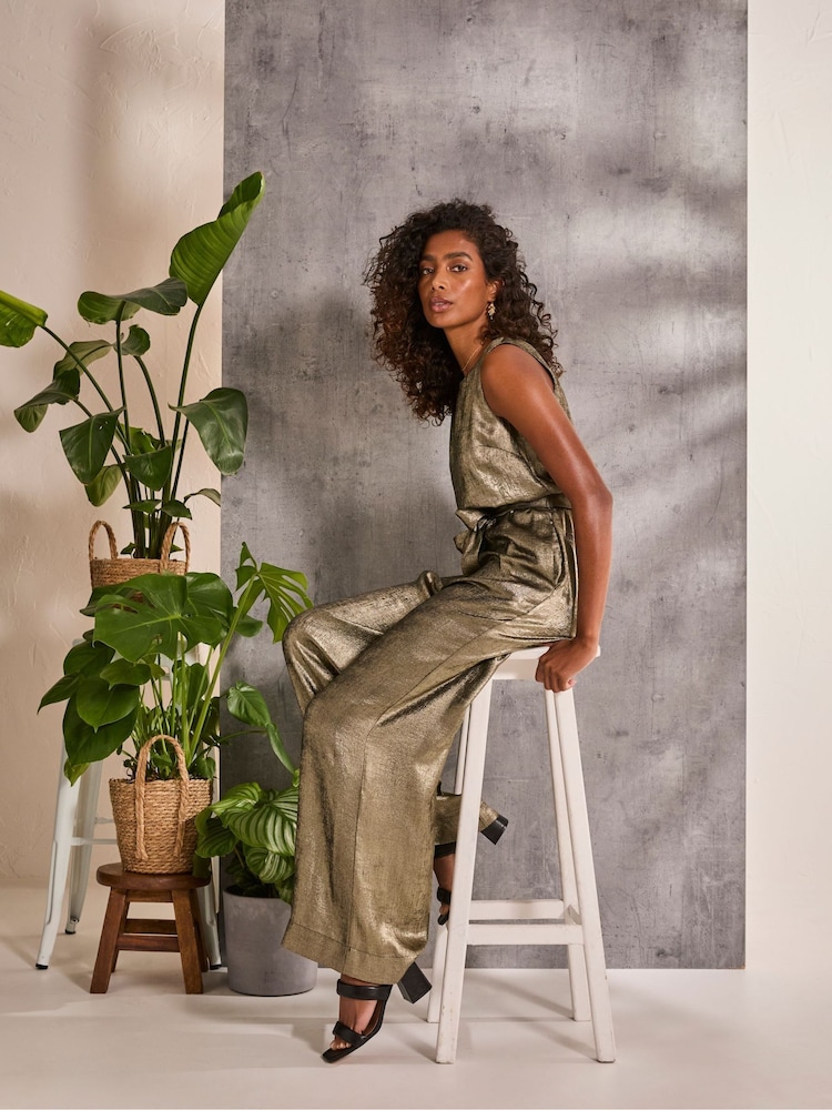 FatFace Gisele Gold Metallic Jumpsuit - Image 2 of 6