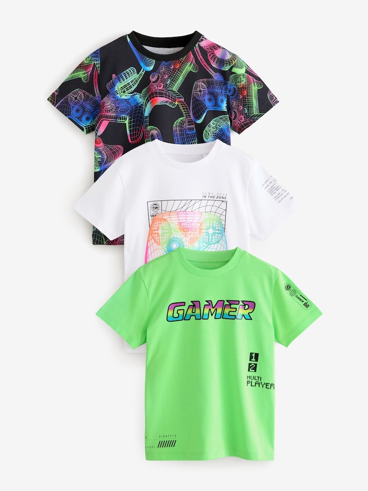 Black/White/Fluro Green Gamer Regular Fit Graphic Short Sleeve 100% Cotton T-Shirts 3 Pack (3-16yrs) - Image 1 of 7