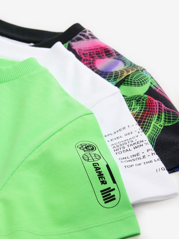 Black/White/Fluro Green Gamer Regular Fit Graphic Short Sleeve 100% Cotton T-Shirts 3 Pack (3-16yrs) - Image 7 of 7