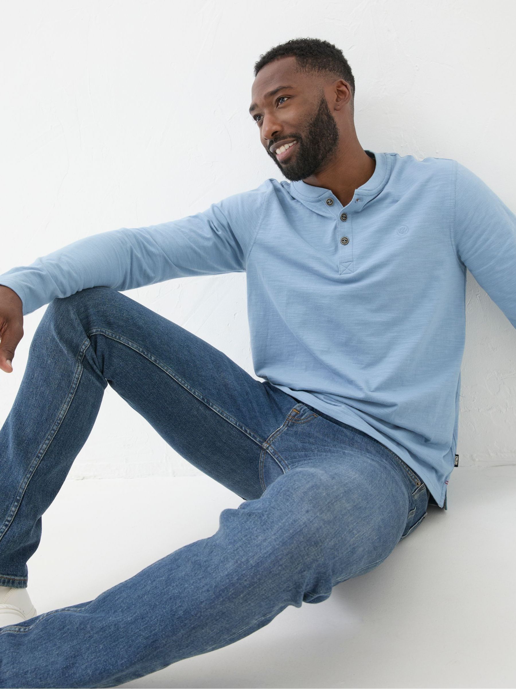 Buy FatFace Woodside Light Blue Long Sleeve Henley T Shirt from